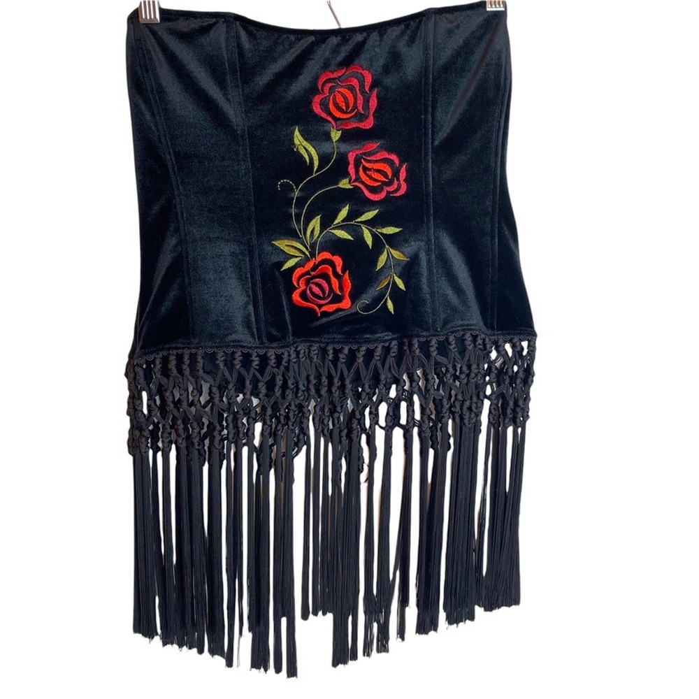Vintage Victoria's Secret Black Velvet Floral Embroidered Tassel Corset Large